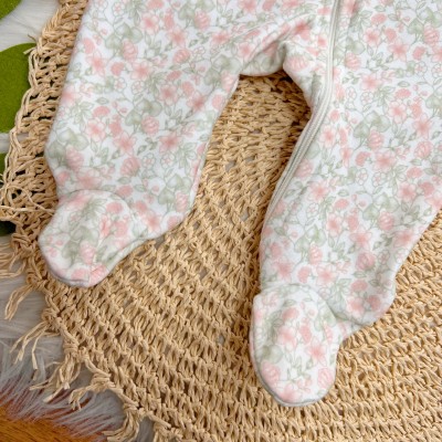 Macacão em Soft com Abertura em Zíper Flores - Off White e Rose